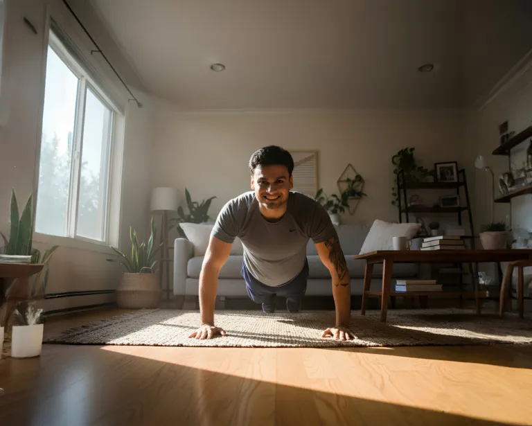 Man doing push-ups in a sunlit living room during a home workout