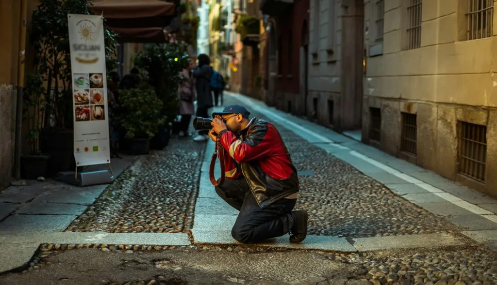 Photographer kneeling on a cobblestone street taking a photo